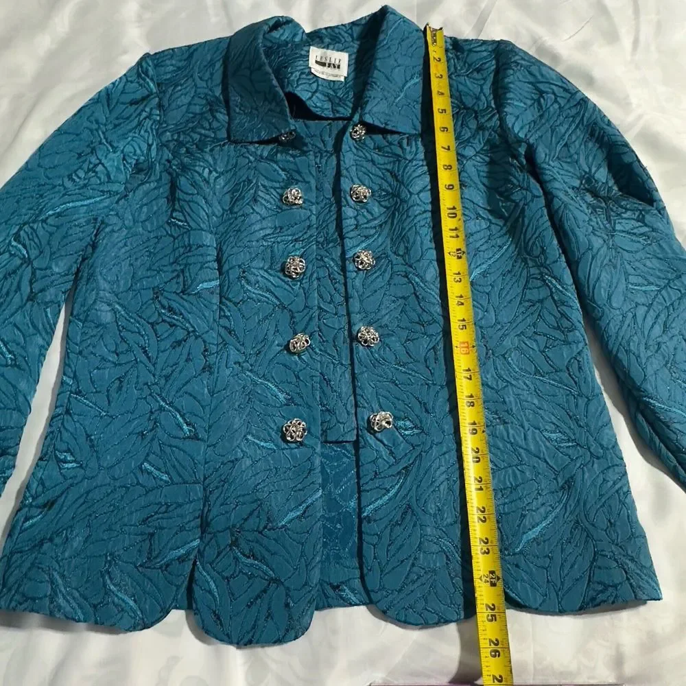 Vtg Leslie Fay‎ 12 Turquoise Teal Blazer Embroider Style Buttoned Scallop Trim